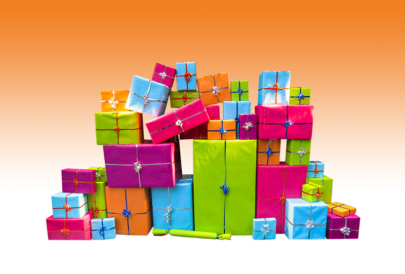 b2bcards corporate christmas eacrd ref:b2bcards-multicolour-presents-orange.jpg, Presents, Colours,Blue,Pink,Green,Orange,Purple