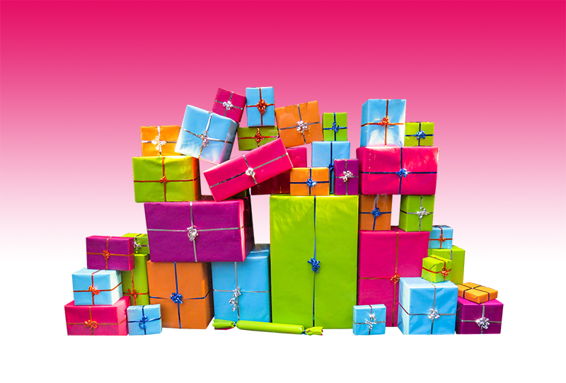b2bcards corporate christmas eacrd ref:b2bcards-multicolour-presents-pink.jpg, Presents, Colours,Blue,Pink,Green,Orange,Purple
