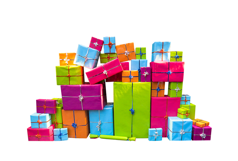 b2bcards corporate christmas eacrd ref:b2bcards-multicolour-presents-white.jpg, Presents, Colours,Blue,Pink,Green,Orange,Purple,White